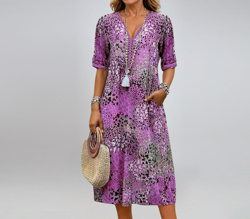 Summer V-neck Half-sleeved Dress With Pockets Fashion Ethnic Print Dresses Beach Holiday Clothing For Women