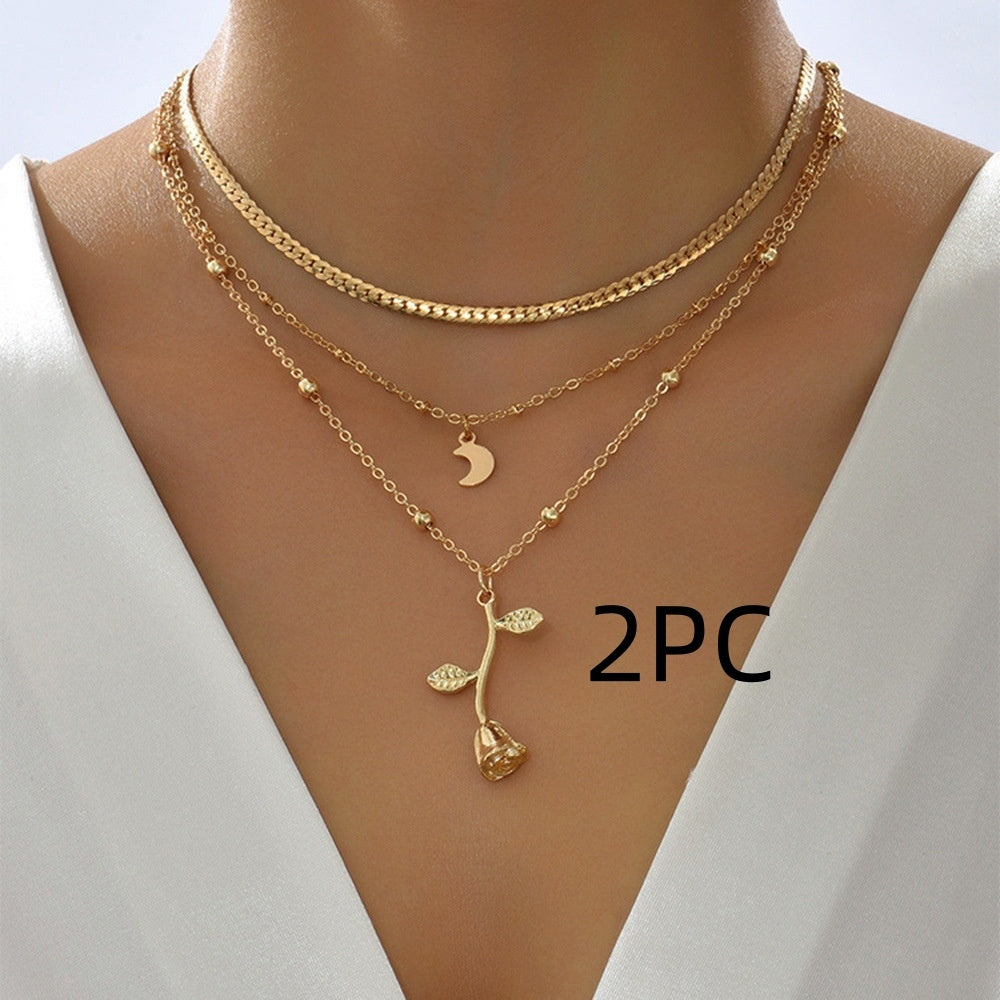 Bohemia Multilayer Moon Gold Color Pendant Necklaces For Women Rose Flower Choker Necklace 2025 Fashion Jewelry Party Gift Valentine's Day Gifts