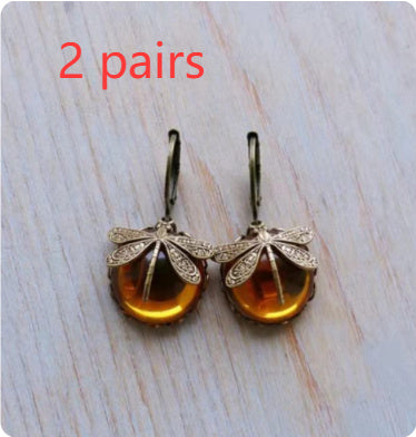 Vintage Dragonfly Earrings Fashion Gold Color Metal Carving Pattern Inlaid Multicolour Moonstone Drop Earrings For Women