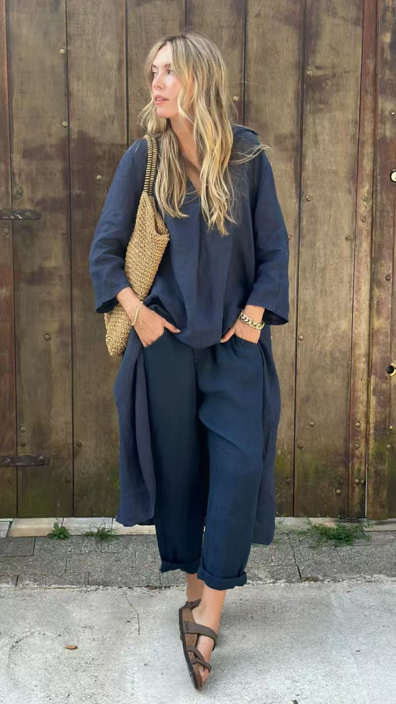 2pcs Long-sleeved Suits Loose V-neck Long Top And High Waist Wide Leg Pants With Pockets Women's Clothing