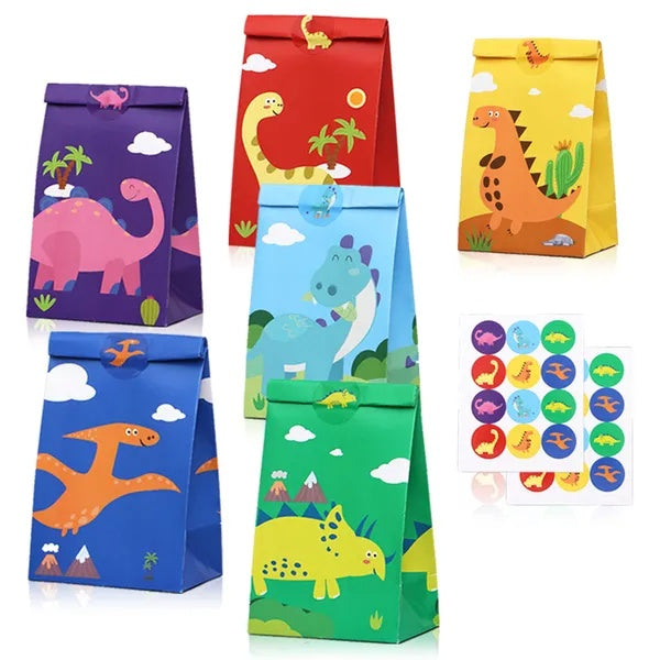 12Packs Christmas Dinosaur Candy Bags With 24Pcs Stickers Party Favor Bags Paper Gift Bags Treat Goody Gift Wrapping Bags For Christmas Halloween Dinosaur Themed Birthday Party Supplies