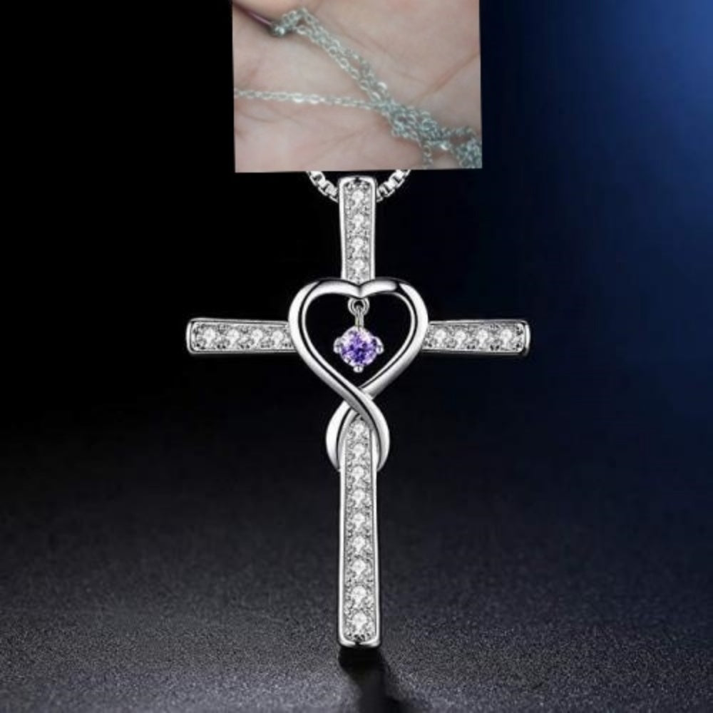 Infinity Love God We Trust Christian Cross Birthstone Crystal Pendant Necklace Colour Gems Zircon Heart Necklace Women Jewelry