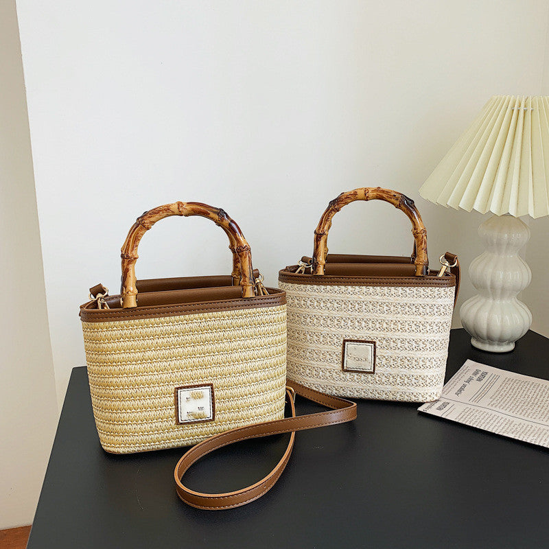 Women's Fashion Bamboo Handle Woven Bag