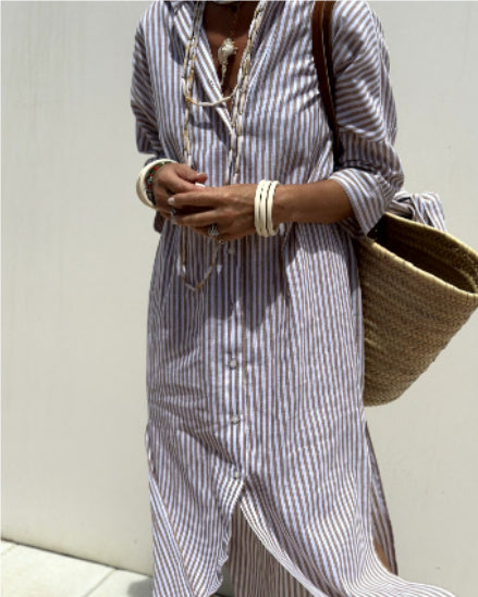Striped Shirt Dress With Belt Fashion Half-sleeved Lapel Button Cardigan Dresses Women's Clothing